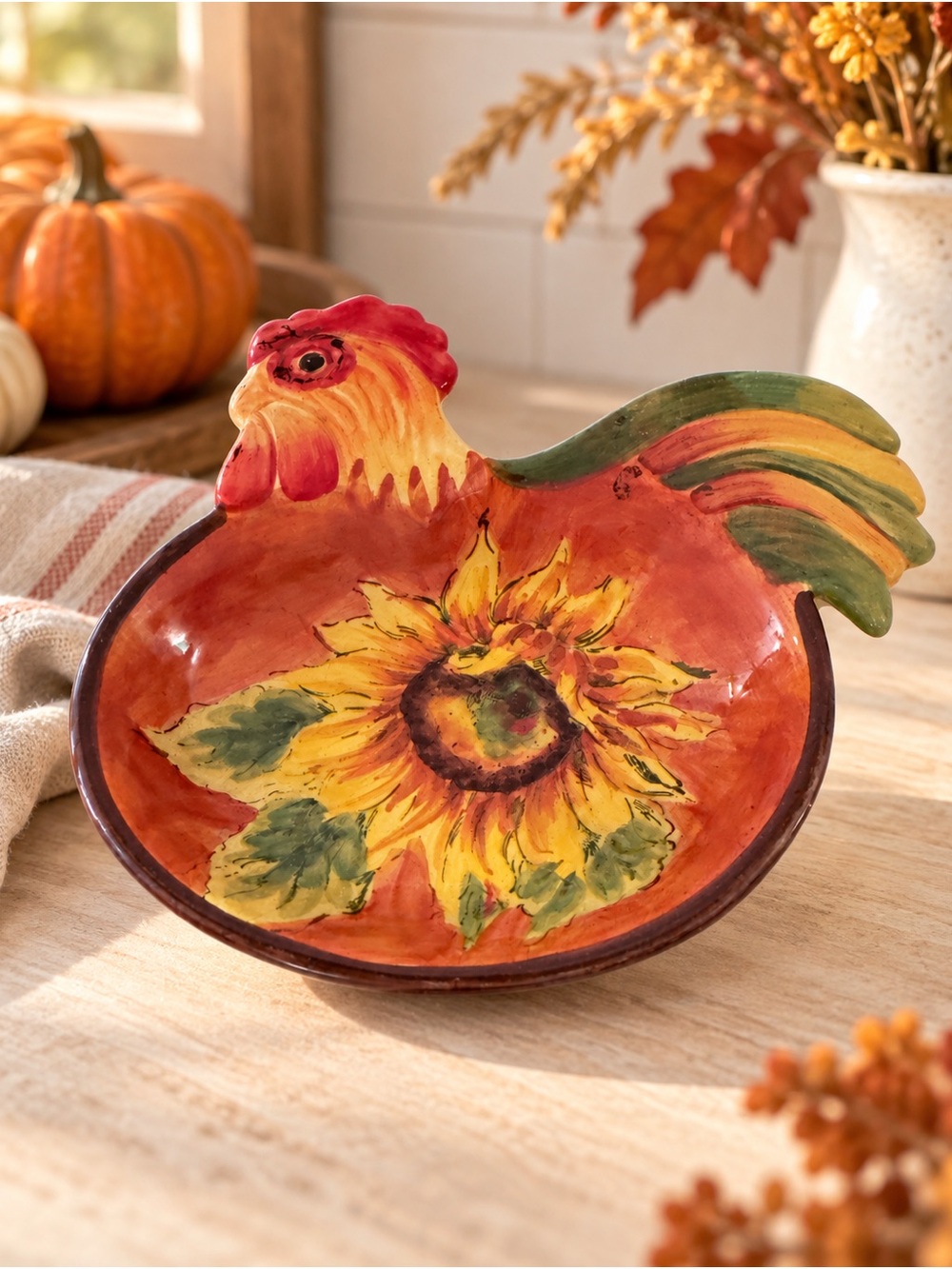 Maxcera Rooster Sunflower Dish Hand Painted Farmhouse Cottagecore Fall Decor